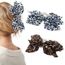 Mesovor 2 Pack Bow Claw Clips Chiffon Cloth Butterfly Hairclips, Nonslip 5.1" Large Paisley Hair clips for Thin and Thick | Plastic Strong Hold Hair Jaw Clamps (Brown Leopard, White Leopard)