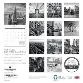 New York B&W 2025 Large Wall Calendar, by Fresh Publishing, Size 302mm x 604mm (Open), Thick & Sturdy Eco Friendly (FSC) Paper.