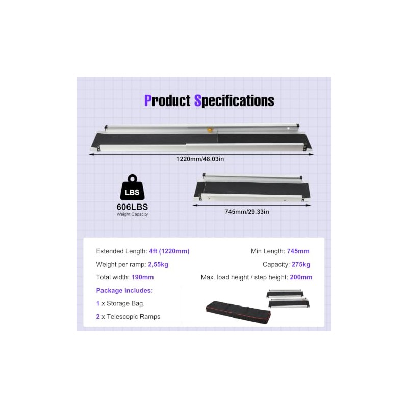 2pcs Telescopic Wheelchair Ramps Portable Threshold Ramp for Home
