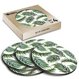 4 x Round Coasters - Tropical Green Fern Leaf Pattern Nature Cork Backed MDF Glossy Tea Coffee Accessory #53501