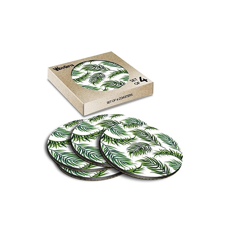 4 x Round Coasters - Tropical Green Fern Leaf Pattern
