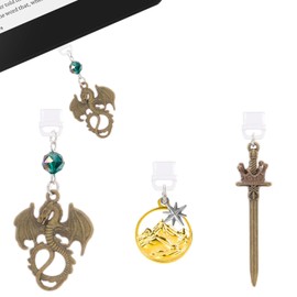 TAKEALOOKO Dust Plug Charms for Kindle - 3Pcs Antique Bronze Dragon Sword Dust Plugs, Type-C Port Caps for Phone & Tablet, E-Reader Bookish Fantasy Accessories for Gifts