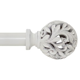 Heavy Duty Curtain Rod 36 to 120 Inches (3-10 ft)，1-Inch Diameter Adjustable Drapery Rod with Decorative Carved Leaf Finials, Weathered White Curtain Rods for Living Room & Bedroom
