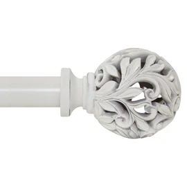 Heavy Duty Curtain Rod 36 to 120 Inches (3-10 ft)，1-Inch Diameter Adjustable Drapery Rod with Decorative Carved Leaf Finials, Weathered White Curtain Rods for Living Room & Bedroom
