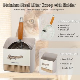 Epargnaro Stainless Steel Cat Litter Scoop with Holder - Small Broom & Dustpan, Metal Kitty Poop Lifter and Wall-Mounted Scoop Holder, Heavy-duty Litter Scoop with Dual-Slot Section for Quick Cleaning