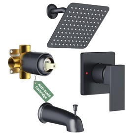 SunCleanse Tub Shower Faucet Set with Pressure Balance Valve, 8-Inch Rain Shower Head and Tub Spout, Single-Handle Shower Trim Kit, Shower Head and Handle Set for Bathroom, Matte Black
