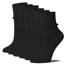 Tipi Toe Womens 6 Pairs Black Solid Lettuce Edge Lightweight Crew Length With Cuff Ruffle Socks For Women, 1125-B-6