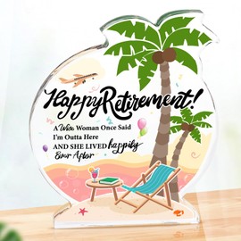 DPKOW Retirement Gifts for Women Acrylic Plaque Coconut Tree-Shaped Gift Acrylic Plaque Sign Keepsake Ornaments Happy Retirement Gifts Presents for Teacher Friend Colleague Leaving Gift Retiral Woman