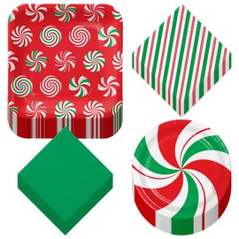 Peppermint Swirl Red & Green Christmas Candy Holiday Tableware - Variety Pack of Paper Dinner Plates, Dessert Plates, Lunch Napkins, and Beverage Napkins (32 Plates & Napkins)