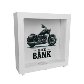 Cruiser Motorcycle Frame Money Box Made of Wood with Saying Bike Bank Black Motorbike Design Dark Look Funny Text Practical Sign