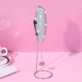 Yiyiring Rhinestone Milk Frother with Stand Sparkly Handheld Battery Operated Electric Foam Maker with Bling Handle, Single Coil Head Whisk Coffee Drink Mixer for Lattes Matcha(Silver)