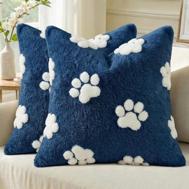 Spring Summer Pet Dog Paws Dark Blue Throw Pillow Covers Set of 2, 18 x 18 Inch Double Side Soft Plush Faux Fur Jacquard Cushion Case Decoration for Sofa Couch