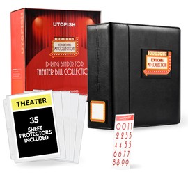 UTOPISH Show-Bill Binder with Sleeves – Large 4” Theater Program Holder with 35 Sheet Protectors and Numbering Stickers Included - Broadway Gift with Full-Color Logo and Numbering Panel