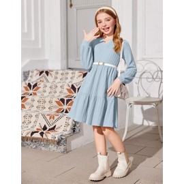 Arshiner Girls Dresses Lantern Long Sleeve Textured Casual Dress with Pockets for 9-10 Years Light Blue