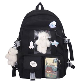 HuiYStar Kawaii School Backpack for Girls and Women, Cute Aesthetic Backpack, School and Book Bag with Pin and Accessories, black