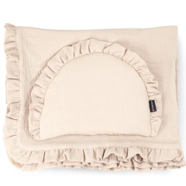 PinkZebra Muslin Ruffled Bedding Set, High Quality Bed Set: Soft Flat Pillow + 4-Layer 100% Organic Cotton Blanket, Blanket, Sleeping Blanket, White
