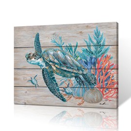 Teal Bathroom Decor Wall Art, Beach Turtle Swim Under the Ocean with Coral and Turquoise Seagrass on Rustic Wood Panel Background Sea Turtle Gifts for Women 16"x12" Framed and Ready to Hang