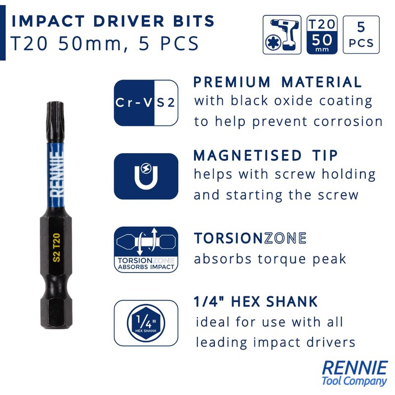 5 x Rennie Tools 50mm Long T20 TX20 Impact Screwdriver