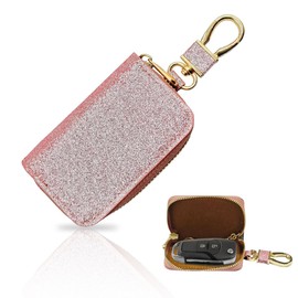 GAOLAOSY Bling Car Key Case, Leather Keyring Zipper Bag with Metal Hook, Remote Key Fob Cover, Auto Keychain Holder (Rose Gold)