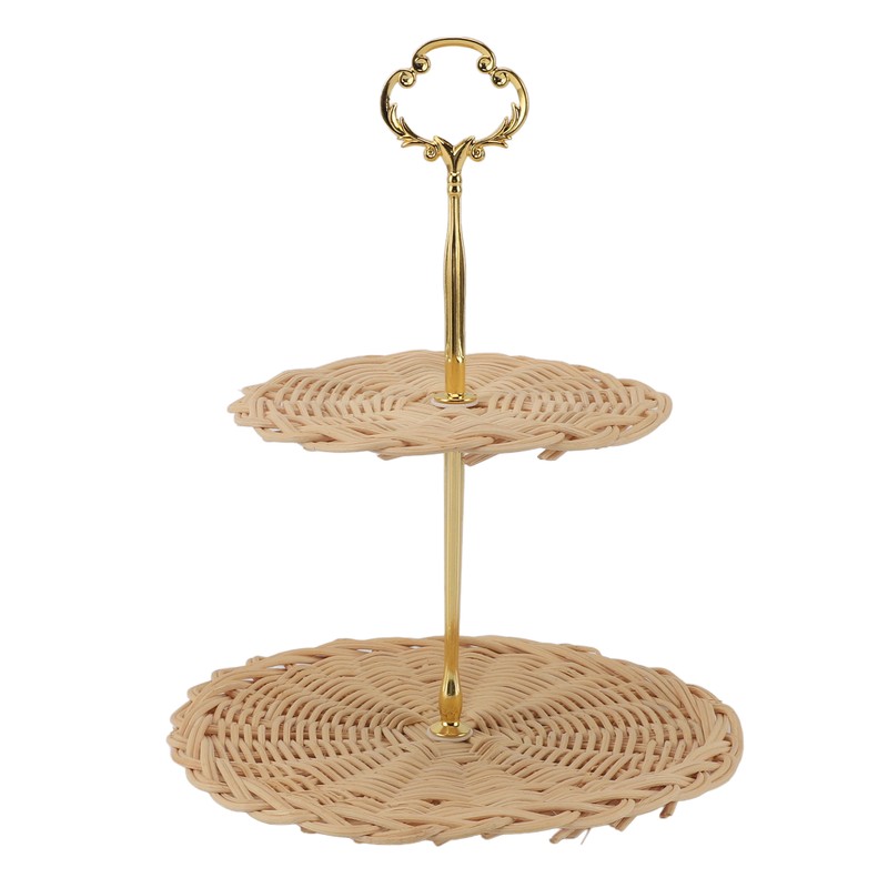 2 Tier Rattan Serving Standing Trays Round Woven Bread Fruit