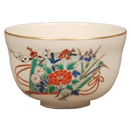 Hideka Miyachi Eikou Matcha Bowl, White, Size: Diameter 4.9 x Height 3.1 inches (12.4 x 7.8 cm), Ninsei Scarlet Fan, in Paper Box