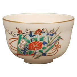 Hideka Miyachi Eikou Matcha Bowl, White, Size: Diameter 4.9 x Height 3.1 inches (12.4 x 7.8 cm), Ninsei Scarlet Fan, in Paper Box