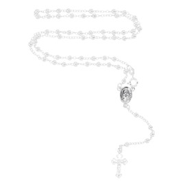 Solid 925 Sterling Silver 3mm Italian Virgin Mary Rosary Bead Cross Necklace | Made In Italy | 925 Sterling Silver Rosary Y Necklace Chain for Women And Men, 24" Inches