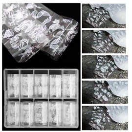 JERCLITY 10 Rolls White Flowers Nail Foil Transfer Sticker Kit Nail Foil Sheets Foil Nail Art Decals Flower Nail Foil Transfer Stickers Foil Nail Wraps for Foil Nail Art