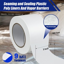 Bghdas 8 Roll Vapor Barrier Tape, 3" Wide x 180' Long, White PE 9 mm Polyethylene Tape, Waterproof Moisture Barriers Seal and Seam, for Underlayment Crawl Spaces, Insulation Repairs & Plastic Liners