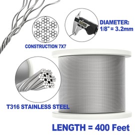 CKE 400FT 1/8" Stainless Steel Cable Wire Rope, T316 Stainless Steel Cable Railing Kits for Cable Railing Hardware, 7x7 Strand Construction Aircraft Wire Rope for DIY Deck Railing System, CW600