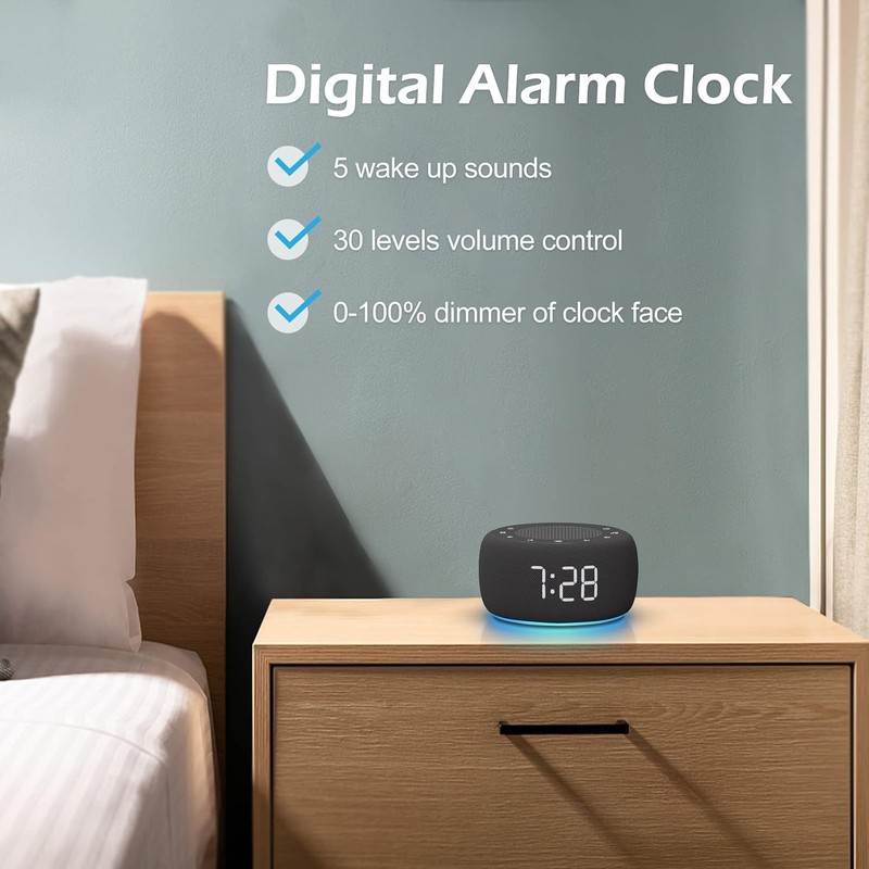 Reloj despertador y máquina de ruido blanco con luz nocturna