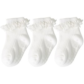 Snegyu 3 Pack Baby Girls Ruffle Socks Toddler Girls Knit Cotton Ankle socks Non-slip Plain White Frilly Princess Solid Color Dress Socks Set for 3-5 Years
