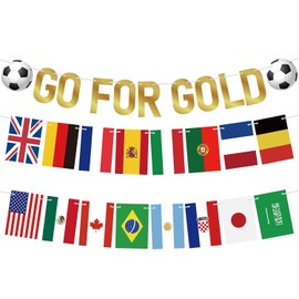 G2PLUS 2026 Football Garland for World Cup: Pre-Threaded GO for Gold Garland Banner with 2 Flag Chains, Country Flags Party Decoration for World Cup, European Championship, Public Viewing, Football
