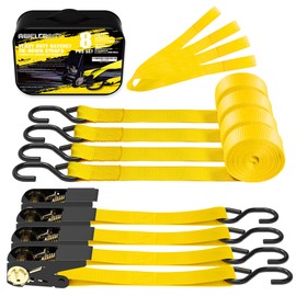 AWELCRAFT Ratchet Straps, 1500 lbs Breaking Strength - Premium 4X 15ft Tie Down Strap Set, 4X Soft Loops for Moving Appliances, Lawn Equipment, Motorcycle (Yellow)