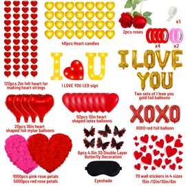 fulasiteu 6347pcs Romantic Rose Petals & Candles Set - 'I LOVE YOU' Letters, 6000 Rose Petals, 48 Heart Candles, Balloons & Decorations for Anniversary, Valentine's Day, Proposal