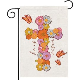 He Is Risen Easter Garden Flag 12x18 Inch Vertical Double Sided, Cross Floral Butterfly Yard Flags for Outside Religious Decor, Spring Holiday Outdoor Seasonal Decorations for Home