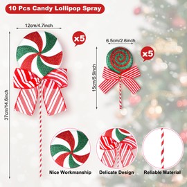 10 Pcs Large Candy Land Christmas Ornament Peppermint Candy and Lollipop Tree Picks Decoration 15'' Sweet Christmas Tree Toppers Ornaments for Xmas Home Party Decorations(Green Red,Classic Style)