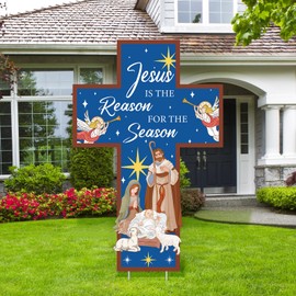 Menkxi 4.6ft Jesus is The Reason for The Season Yard Sign with Metal Stakes, Christmas Holy Nativity Yard Sign with Metal Stakes Nativity Decoration for Xmas Outdoor Garden Yard Decor