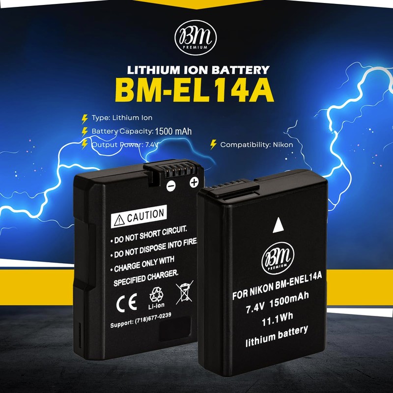 BM Premium EN-EL14A, EN-EL14 Battery and Charger for Nikon D3100,