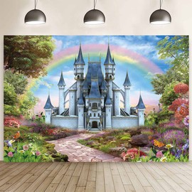 MEHOFOND 10x7ft Soft Fabric Fairy Tale Princess Castle Photography Backdrop Blue Sky White Cloud Rainbow Background Wonderland Landscapes Decoration Birthday Party Wedding Baby Shower Photo Props