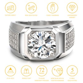 Halukakah Gold Diamond Ring Iced Out, Men's 18 Carat Real Gold Plated/Platinum Plated White Gold Ring Size Adjustable with Free Gift Box, Gold, No Gemstone