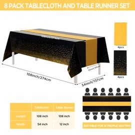 joycloth 8 Pack Disposable Plastic Tablecloth and Satin Table Runner Set, 54 x 108 Inch Dot Tablecloth for Party 12 x 108 Inch Table Runners for Wedding Birthday Baby Shower Graduation, Black Gold