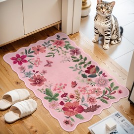 Lahome Floral Pink Rugs for Entryway, 2X3 Washable Kitchen Rugs Non Slip Soft Rug, Ultra-Thin Indoor Door Mat Stain Resistant Boho Small Rug Throw Rug for Bathroom Bedroom(2x3ft, Pink)