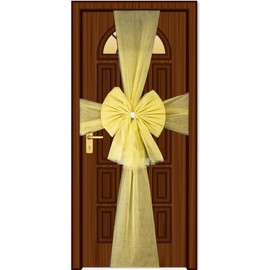 SHATCHI Christmas Gold 7.5m Diamante Giant Bow Cover-Front Door Xmas Wedding, Baby Shower Outside Home Decor, Organza, Pack of 1