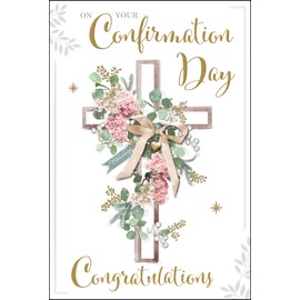 Jonny Javelin Confirmation Day Congratulations Card for Women or Girls - Confirmation Congratulations Card with Cross and Flowers Design and Embossed Foil Details