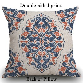 Smooffly Orange Cushion Cover, Blue Orange Ornamental Seamless Pattern Vintage Paisley Square 18 x 18 Inches Decorative Throw Pillow Cover Cotton Linen for Sofa Bedroom Car, Blue 45x45cm