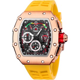FANMIS Mens Luxury Tonneau Square Watches Analog Punk Chronograph Unique Sports Wrist Watch Japanese Movement Luminous Design with Rubber Band (Rosegold Yellow), RoseGold Yellow, Chronograph