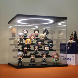 DORYBEN Acrylic Display Case with Adjustable LED Light, 5 Tier Clear Display Box Dustproof Showcase for Action Figures, Collectibles and Mini Toys, Assembly Display Cabinet(Black 12.5×12.2×11.8in)