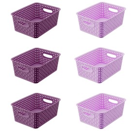 6-Pack Small Baskets, Purple Plastic Open Storage Weave Basket Versatile Shelf Organizer Woven Baskets for Home and Pantries, Dark Purple&Light Purple10x7.5x4 inch