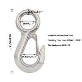 2PCS Crane Swivel Hook,Grab Hook,Clevis Slip Hook, TTZEZE 304 Stainless Steel Lifting Hook Spring Hook with Round Eyelet, Heavy Duty Boat Hook Fast Eye Safety Snap Hook Rigging Accessory (0.5 TON)